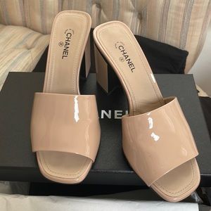Chanel Beige & Black CC Logo Mules